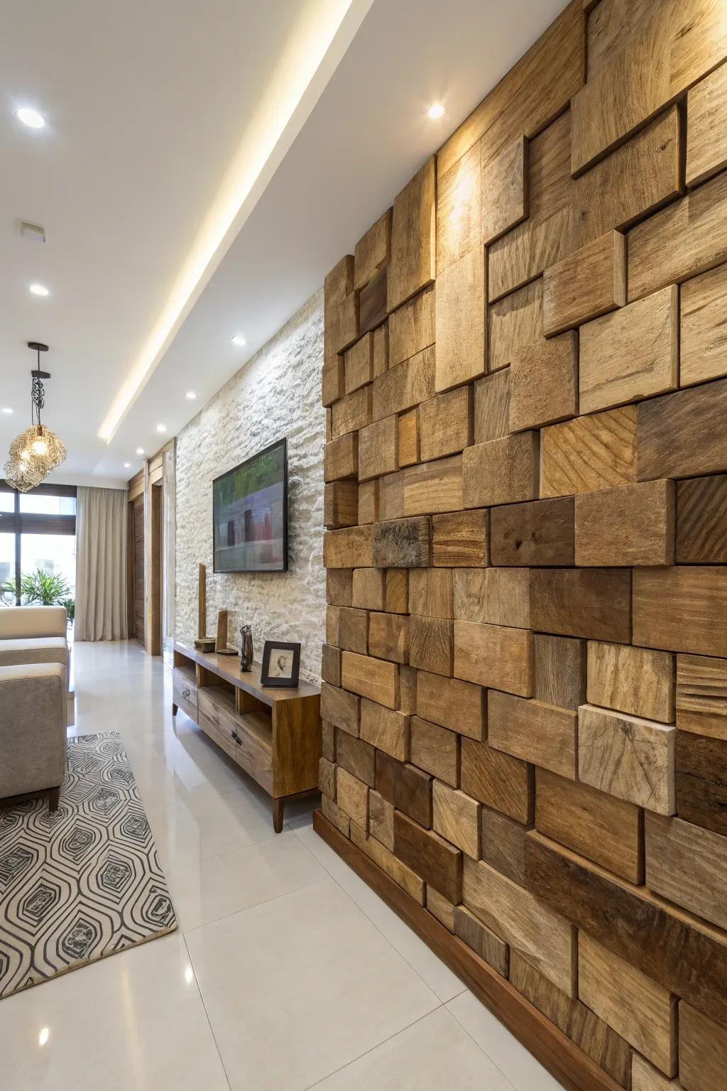 Heighten depth using 3D wood wall designs.