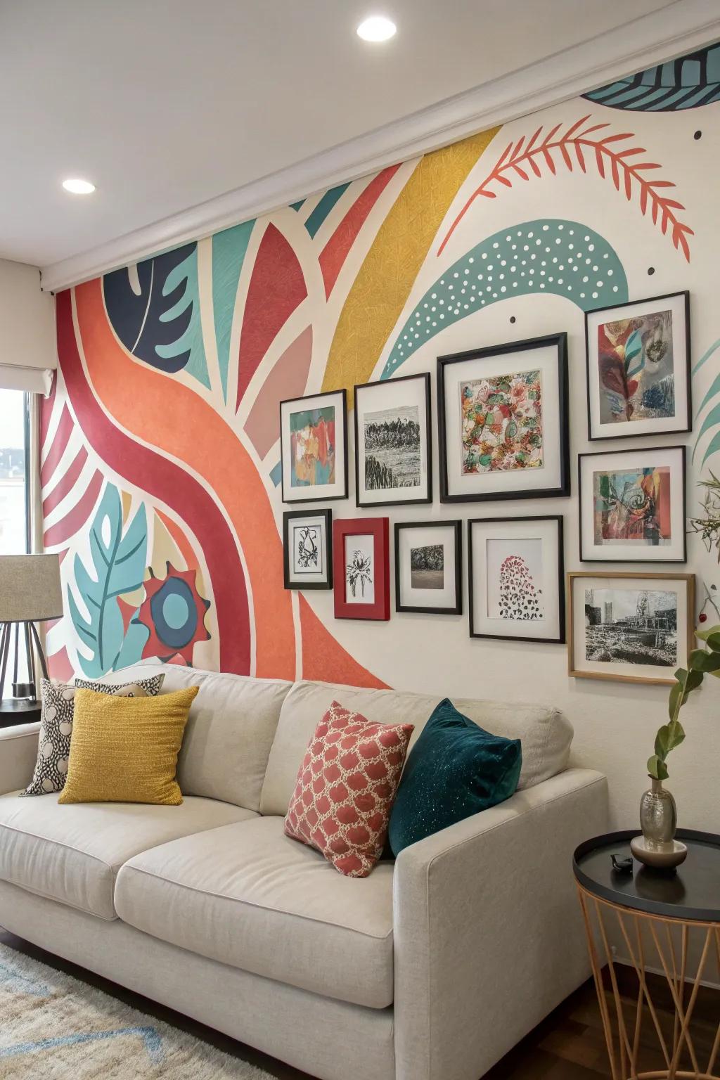 An artistic painted backdrop enhancing a wall of fame.
