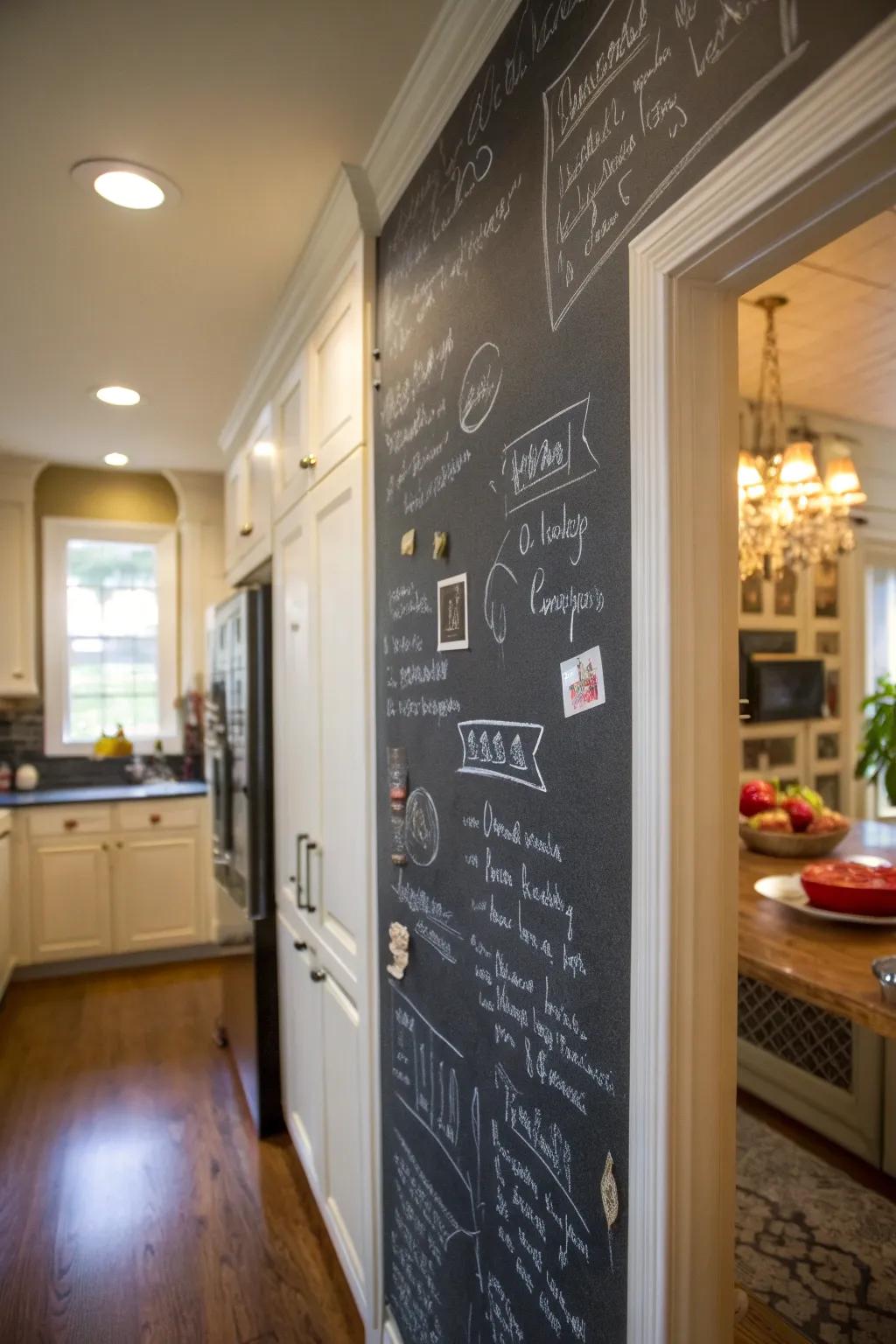 A practical and imaginative chalkboard surface in the kitchen.