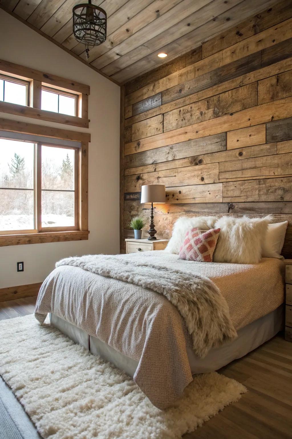 Wooden wall cladding imparts a charming rustic vibe to bedroom interiors.