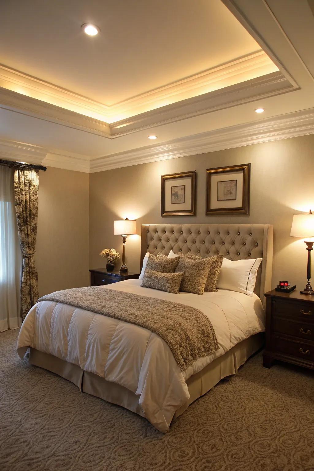 Ceiling edging brings a majestic touch to this cozy sleep space.