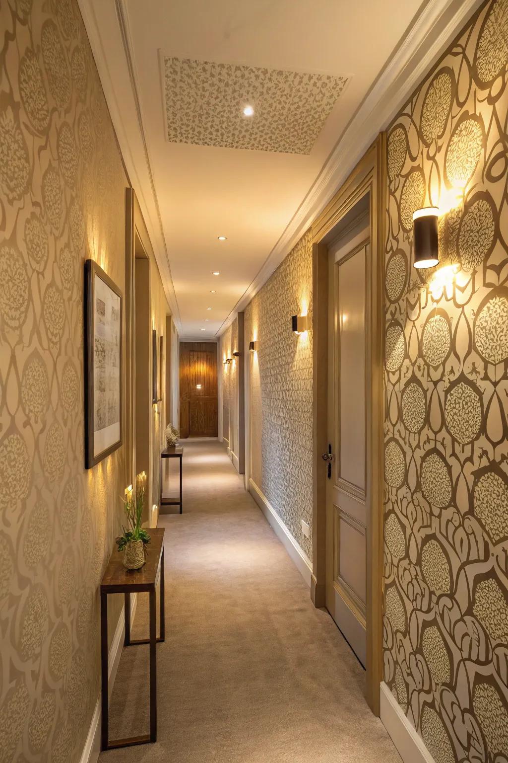 Tactile wallpaper contributes dimension and warmth to transitional spaces.
