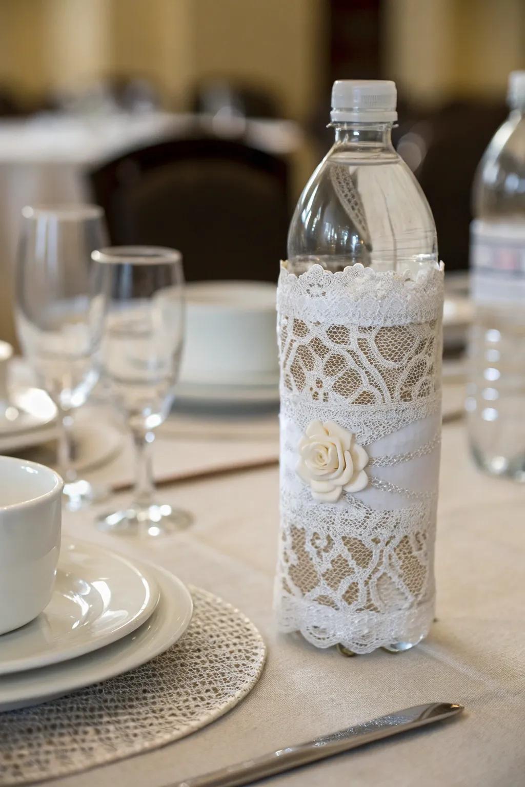 An elegant hydration bottle sheathed in pristine openwork textile.