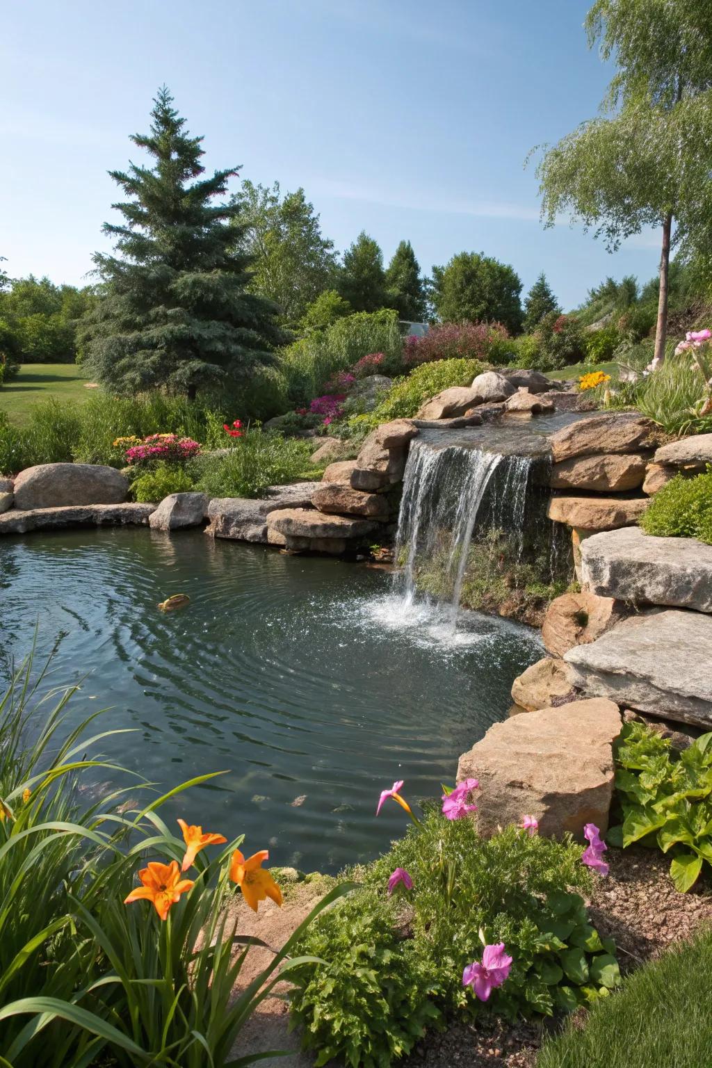Waterfalls flowing into a pond create serenity and attract wildlife.