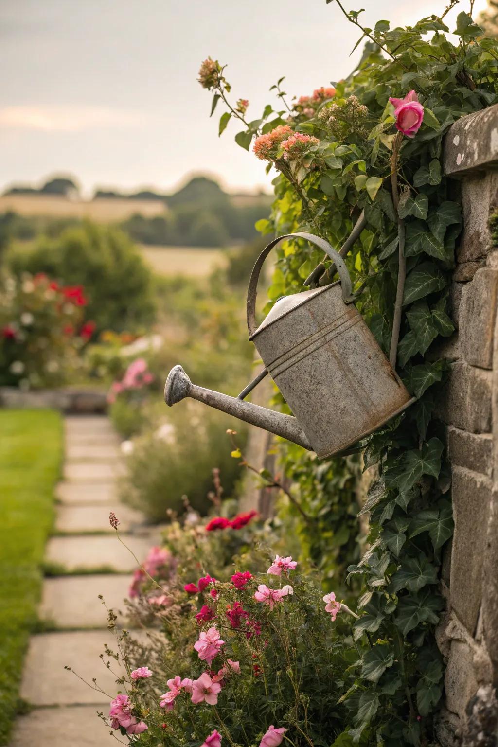 A garden wall decorated with a watering can and trailing vines.