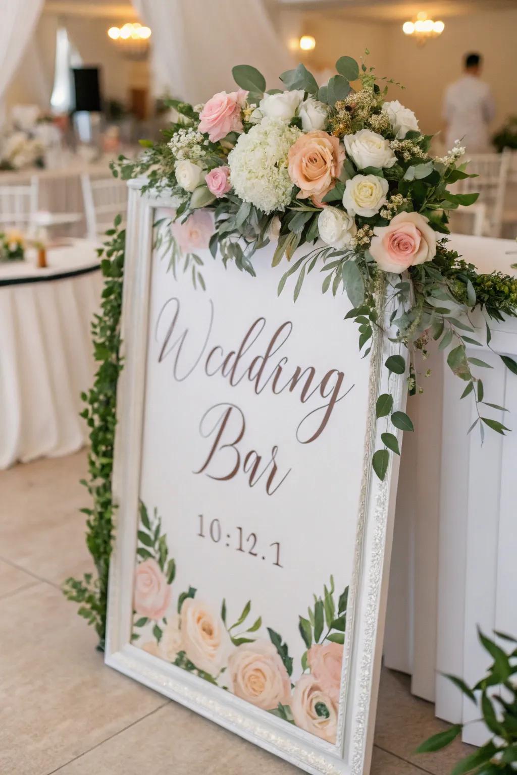 A bar sign decorated with a romantic floral border.