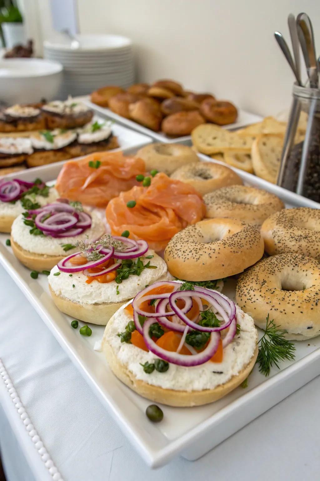 An innovative bagel station with a variety of spreads and toppings for wedding guests.