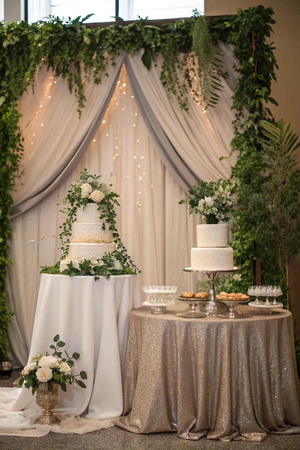 An elegant background framing the cake display.