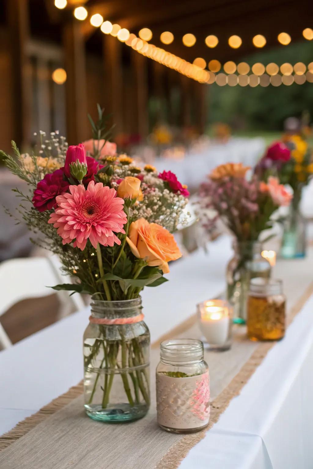 Classic jars filled with garden blossoms provide a vintage touch to the wedding table.
