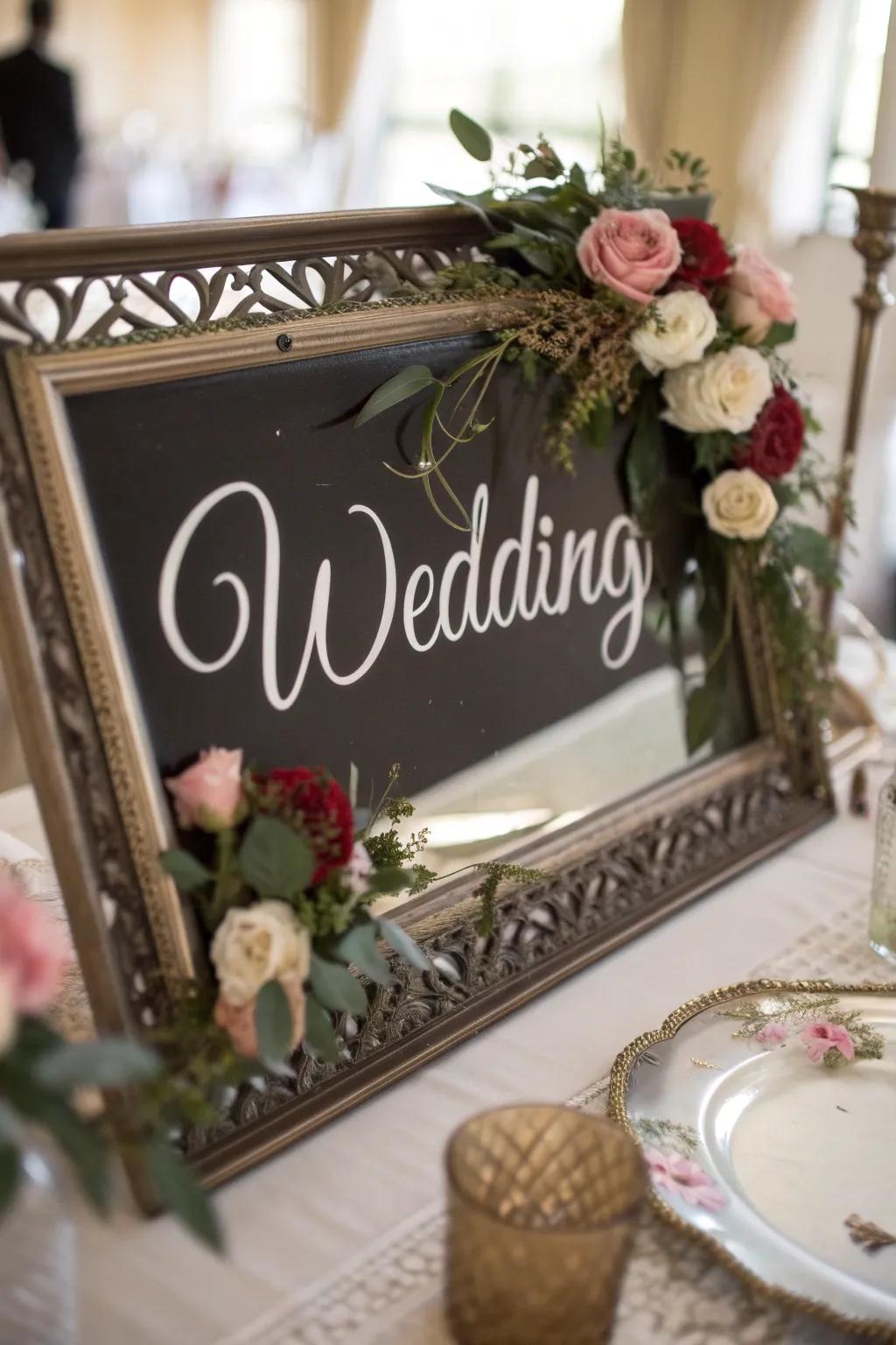 A pretty wedding sign written on a vintage mirror, which adds a personalized touch to the decor.