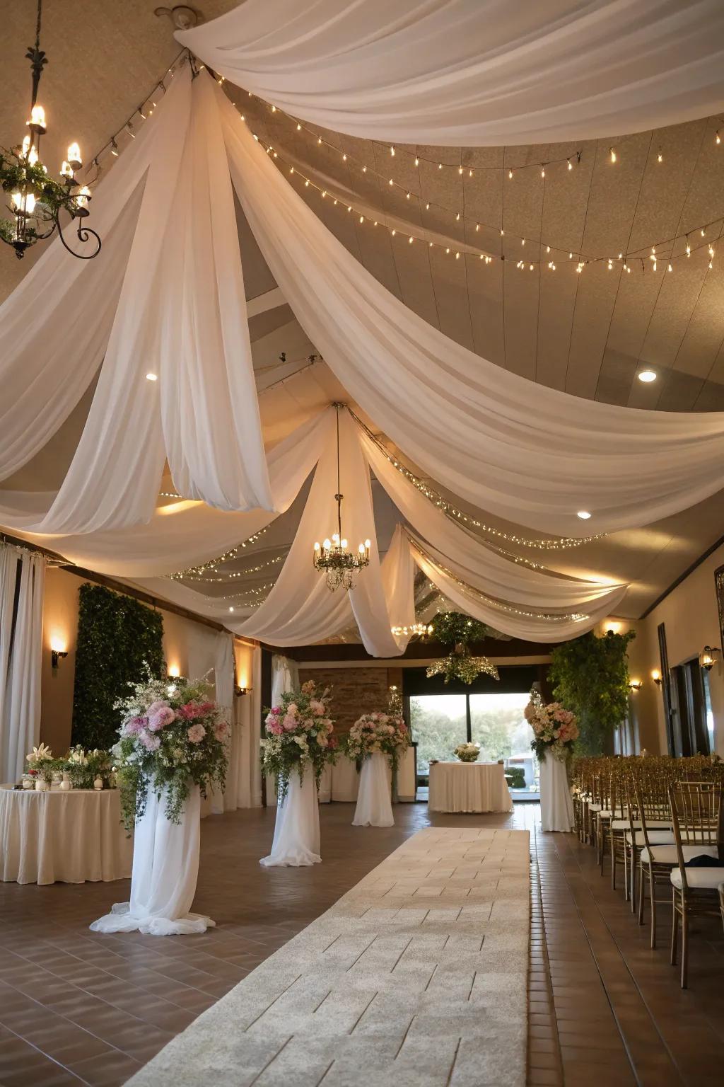 A romantic wedding location with flowing textile overhead.