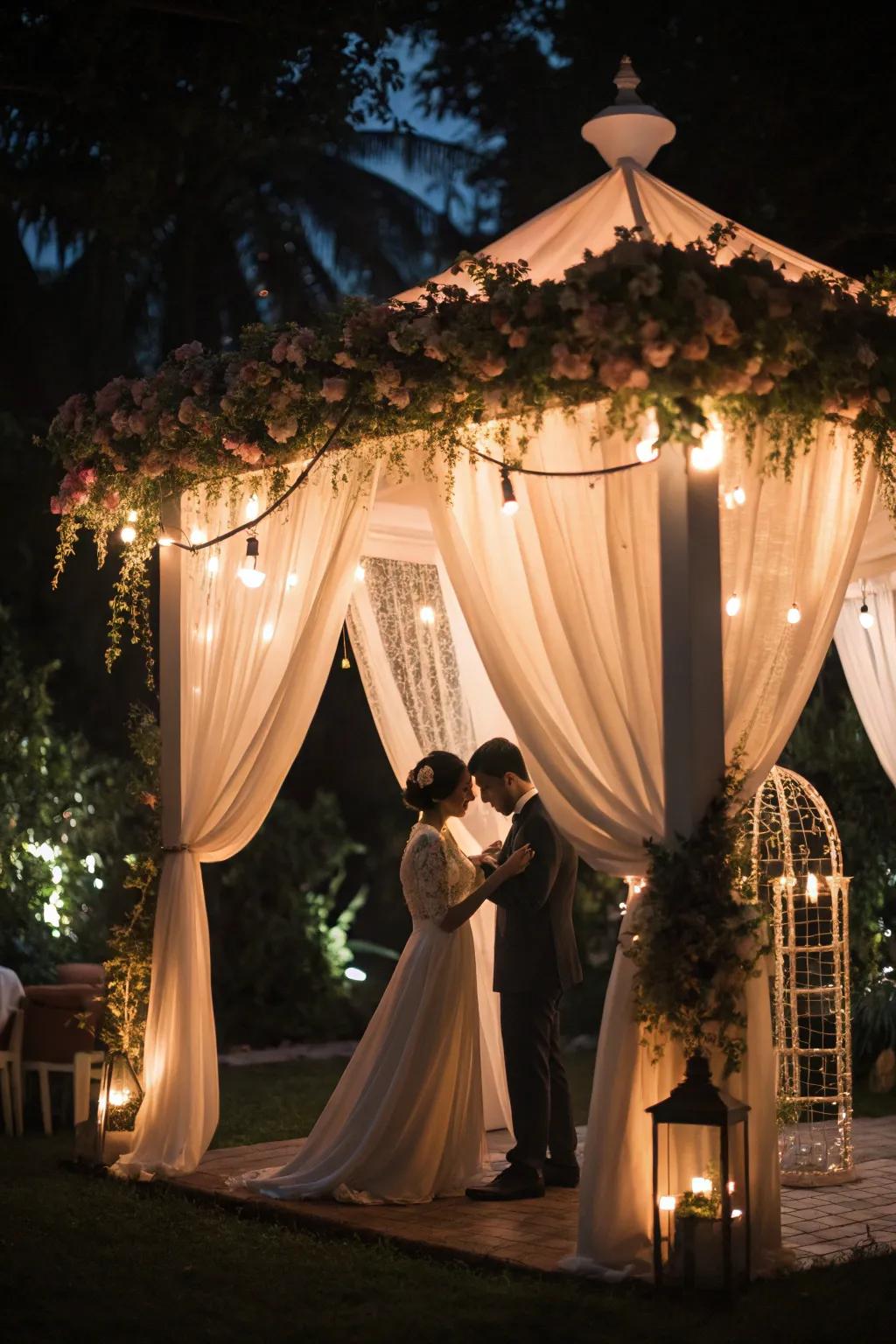 Design an intimate ceremony location using a sentimental fabric shelter.