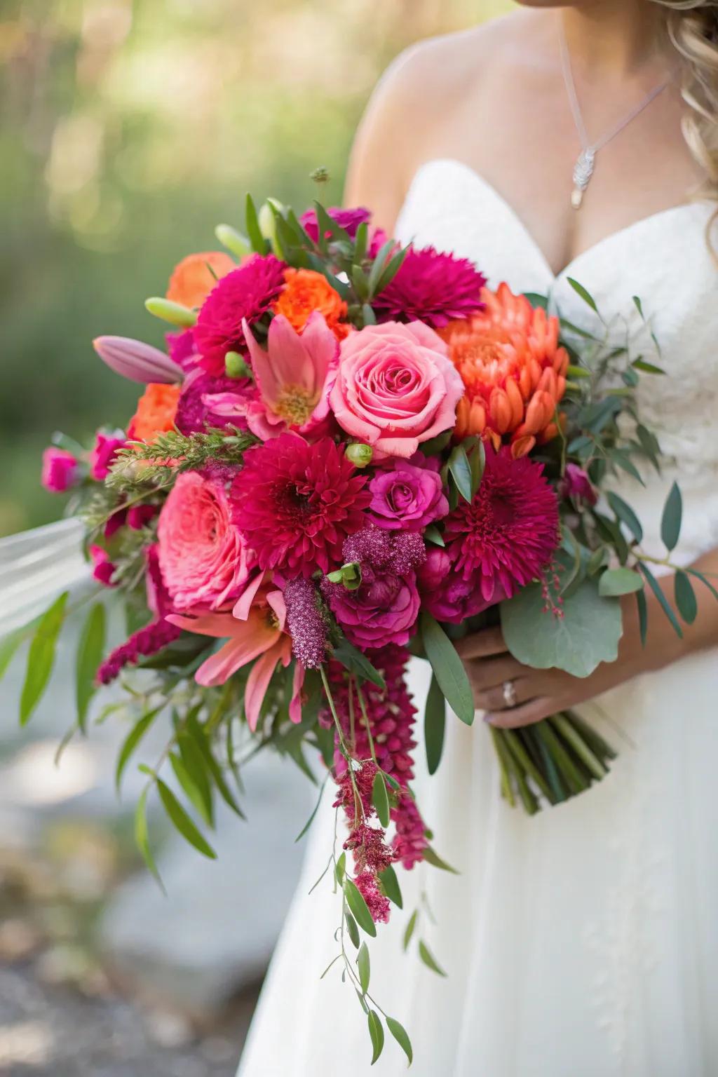 A vibrant bouquet with bold fuchsia and coral hues