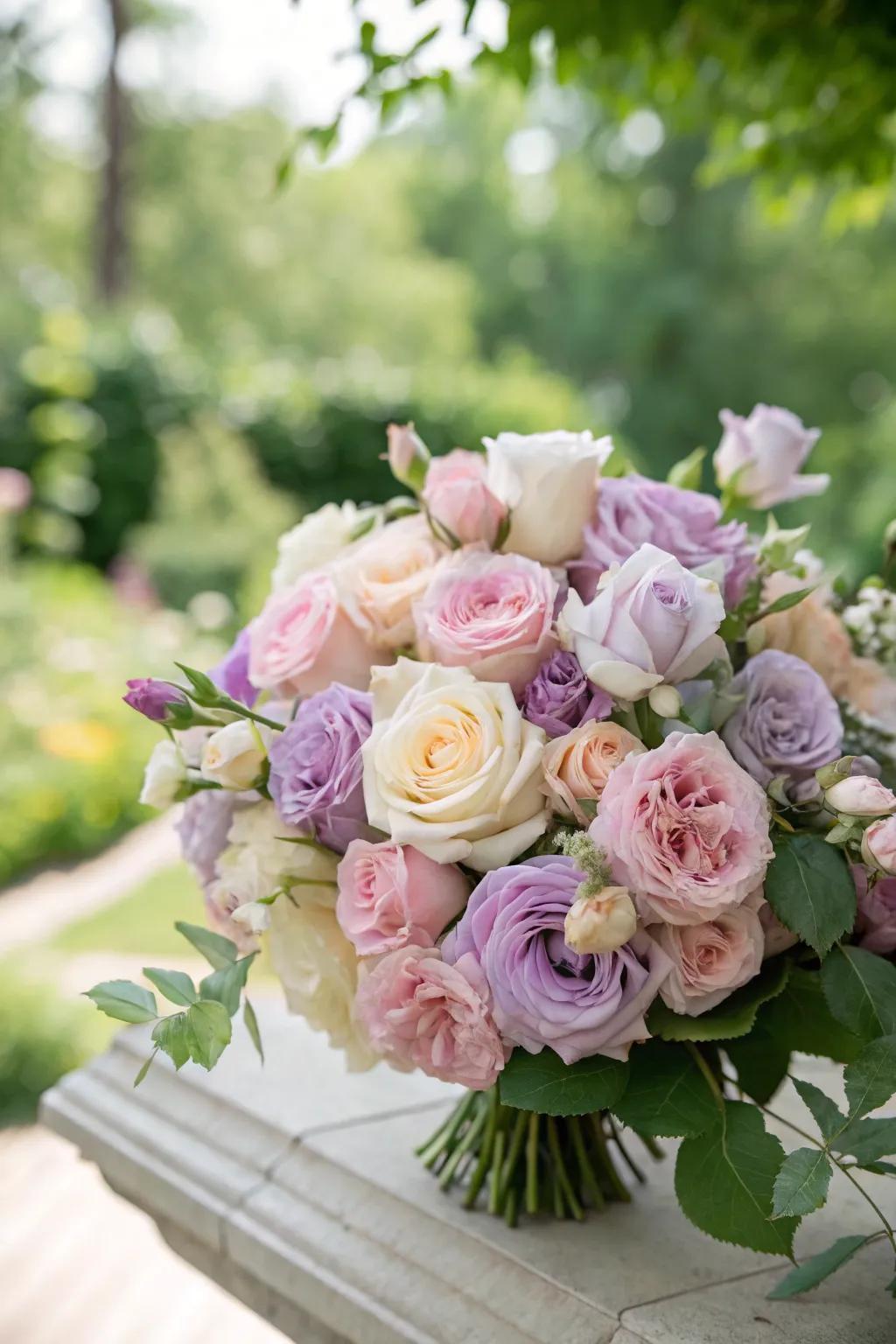 A romantic heritage rose arrangement in pastel shades.