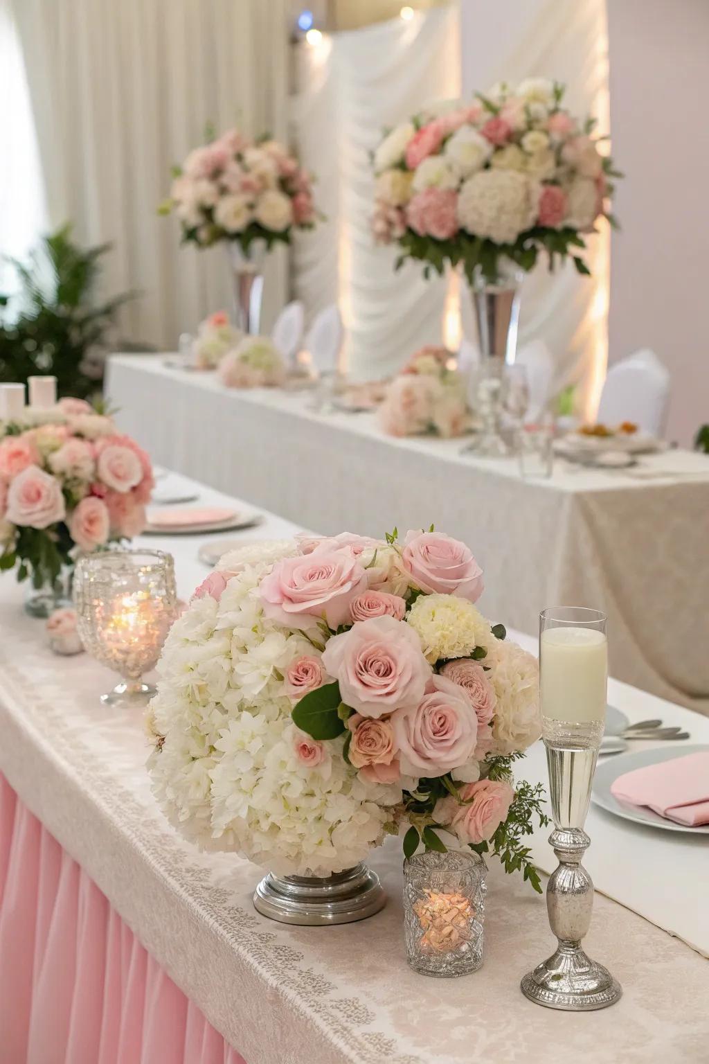 Soft-hued blossom compositions creating a whimsical wedding head table.