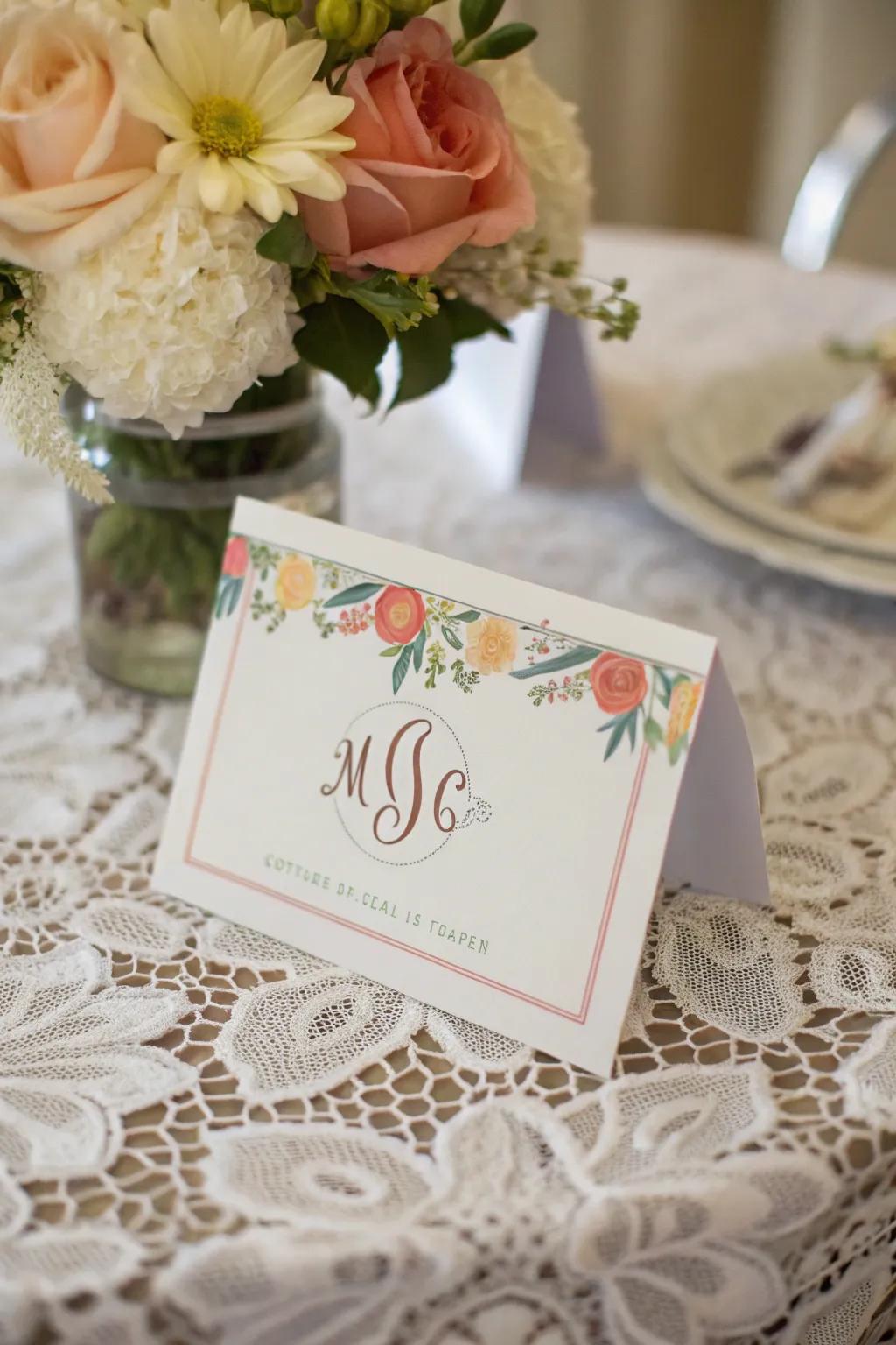 Bespoke registry card with monogram and themed colors.