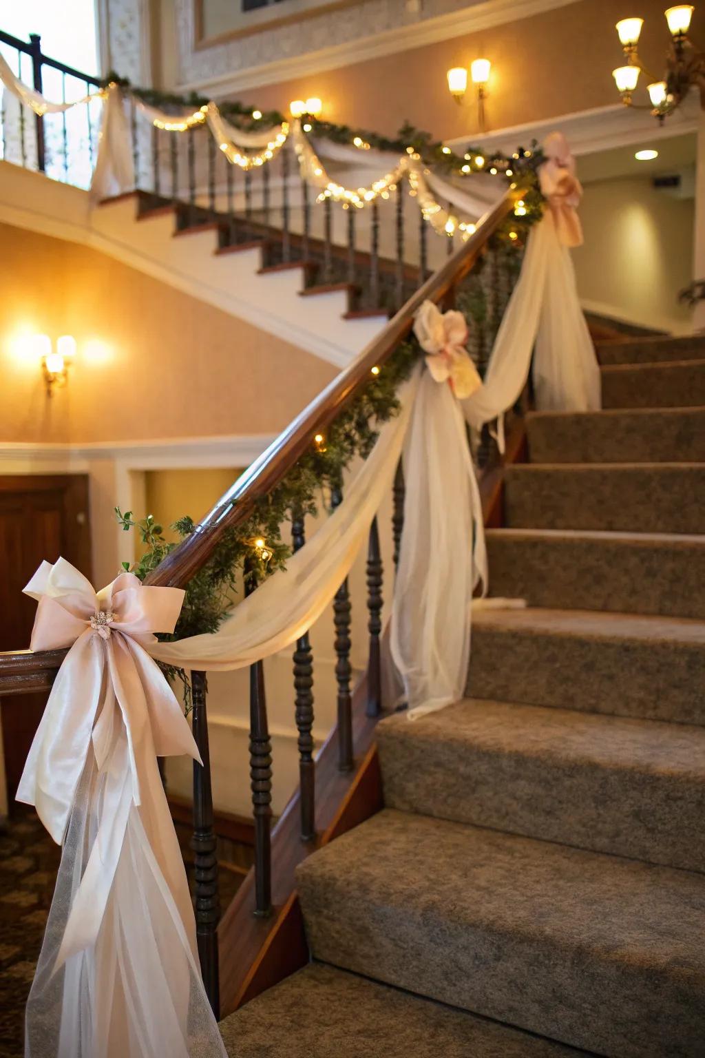 Silken ribbons introduce a gentle refinement to this exquisitely adorned staircase.