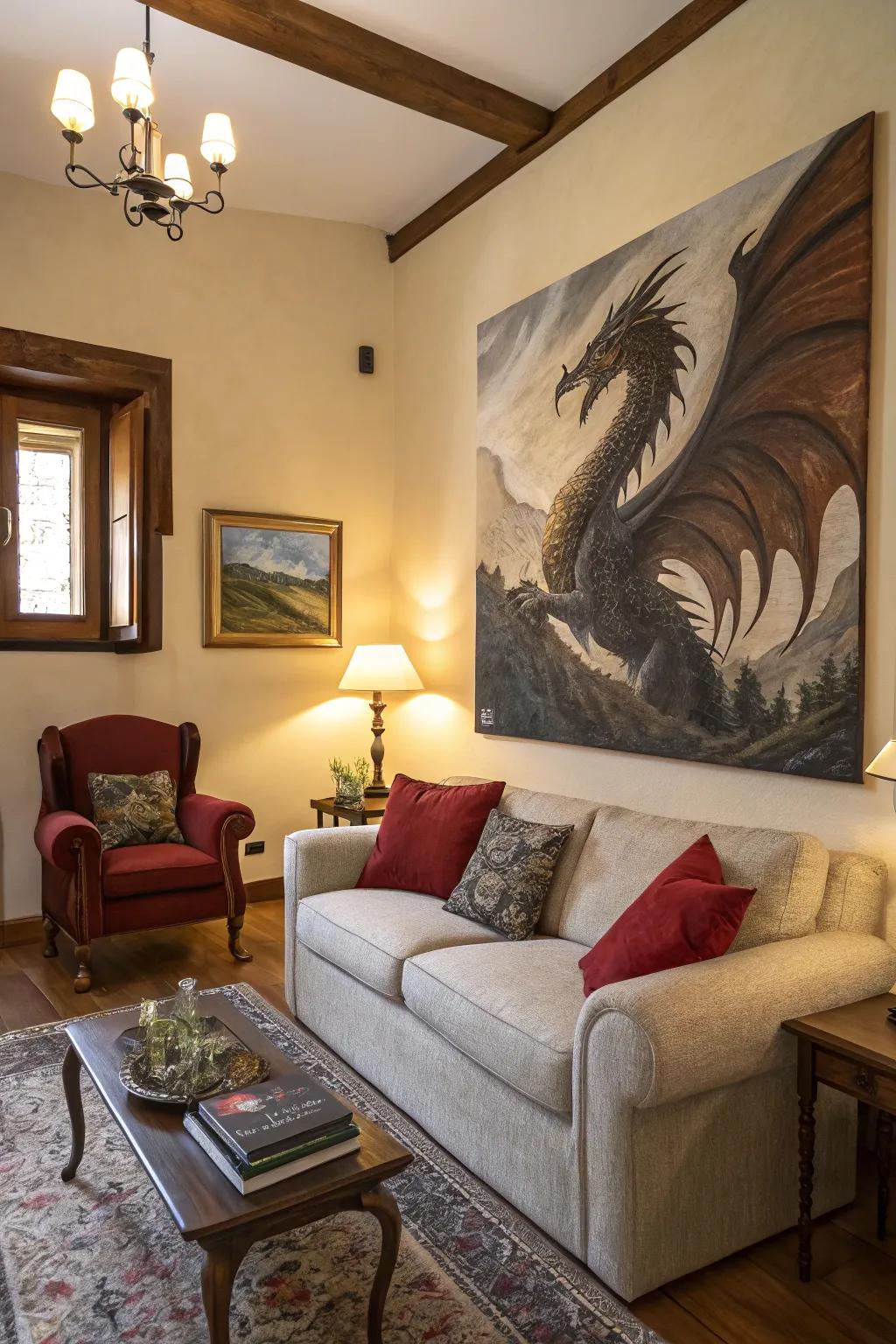A dragon artwork that functions as a captivating centerpiece in a living space.