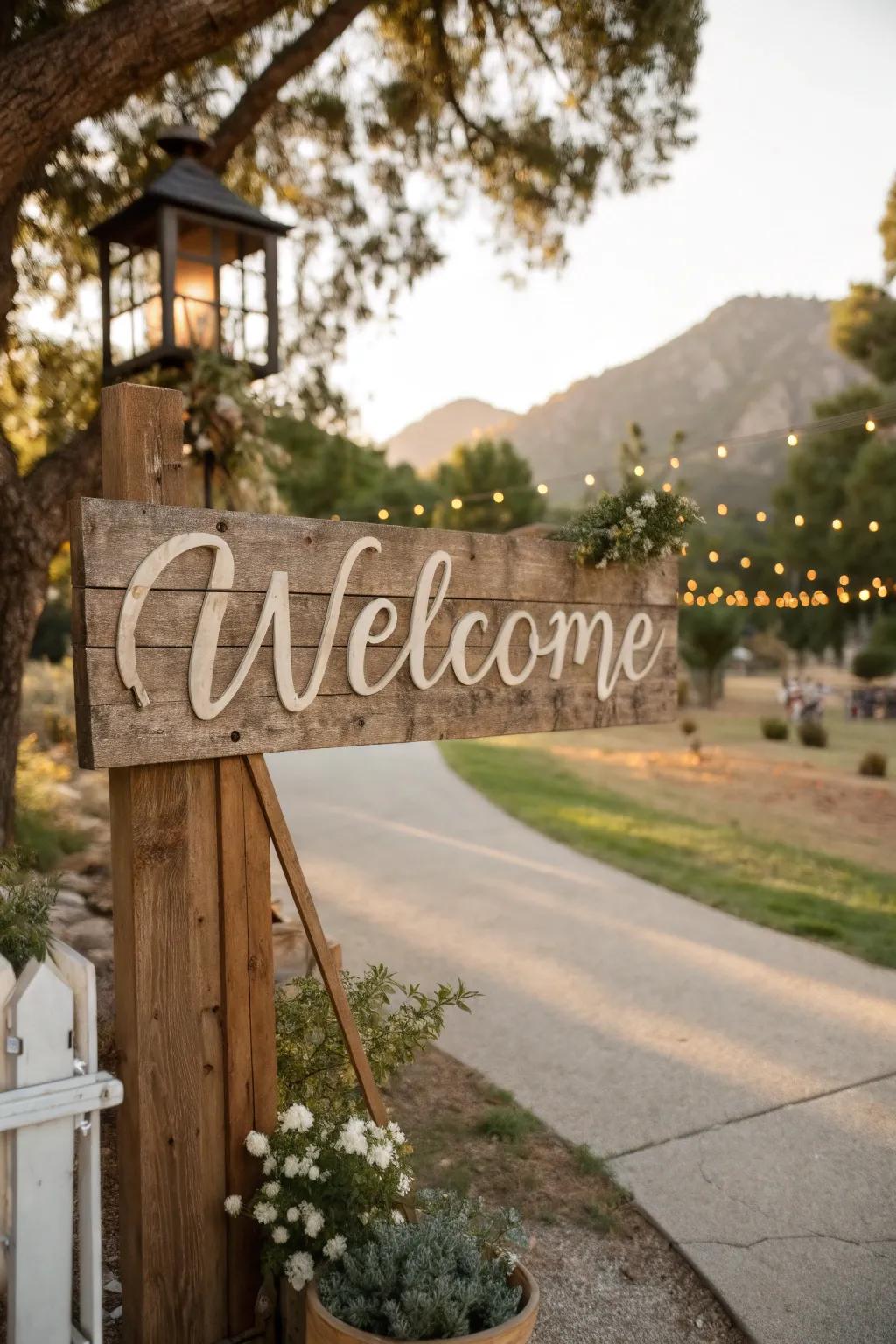 A timber welcome board establishes the ambiance for a western celebration.