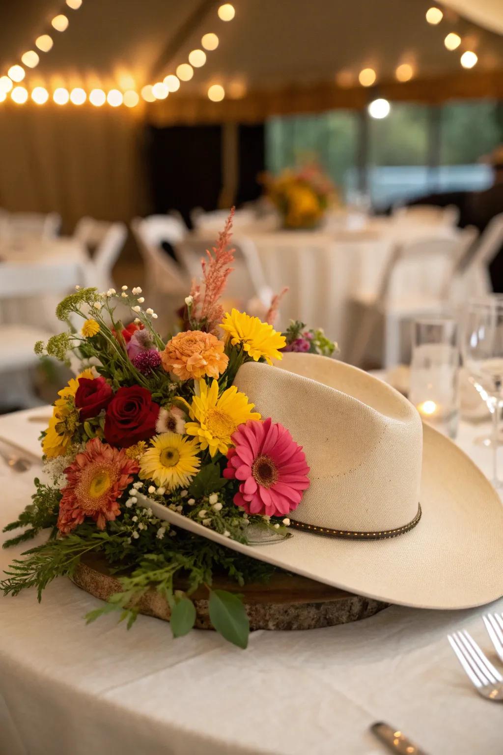 A cowboy hat loaded with flowers makes for a distinctive and eye-catching focal point.