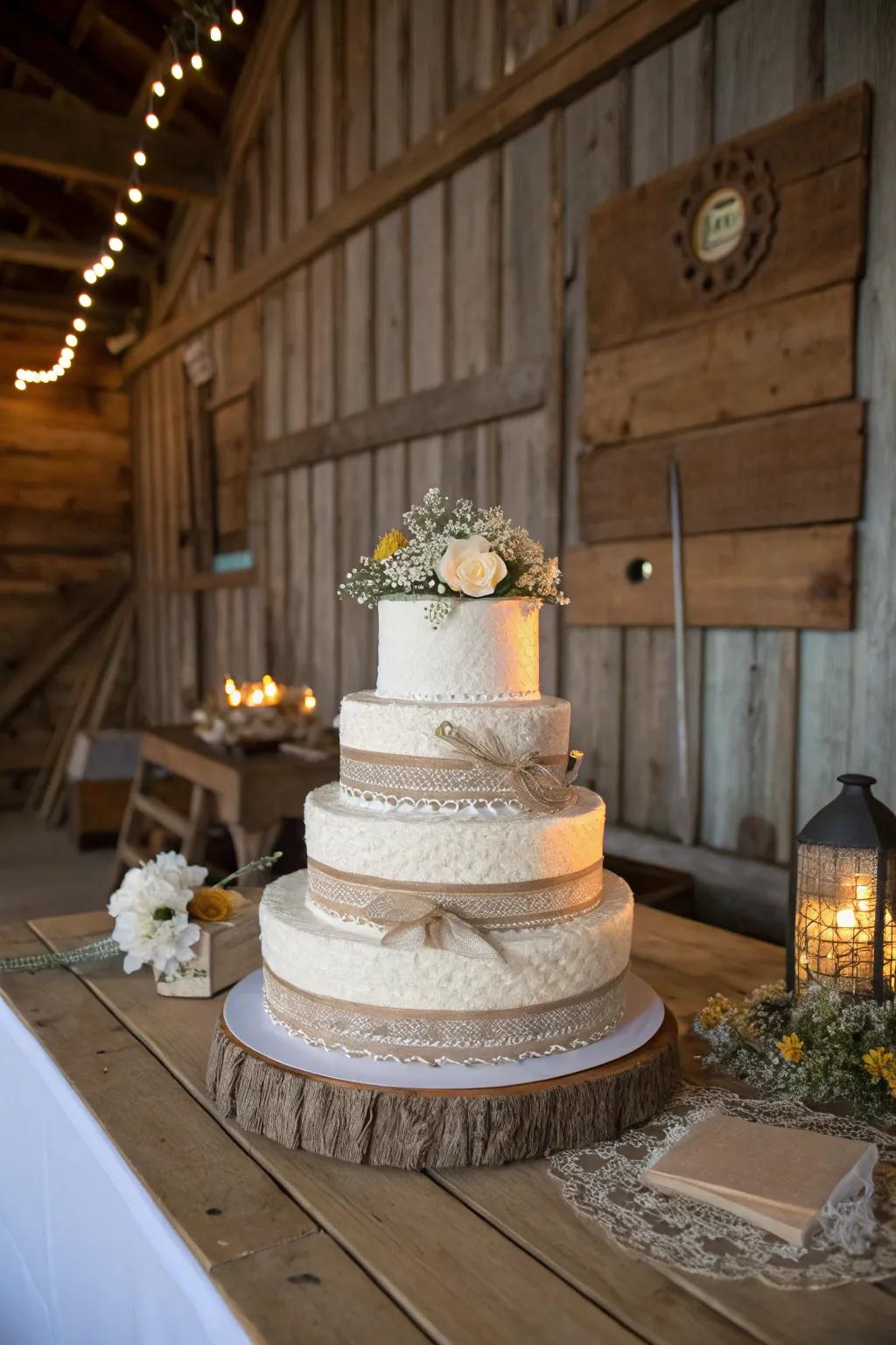 Cake wrapped in lace and hessian for a country aesthetic.