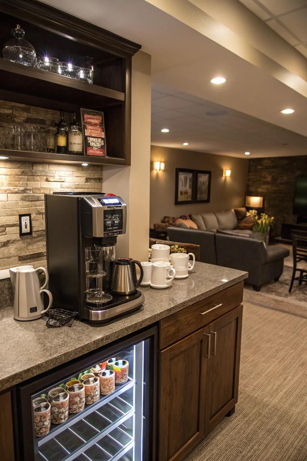 A coffee corner enriches the flexibility of your wet bar, turning it into a beloved spot throughout the day.