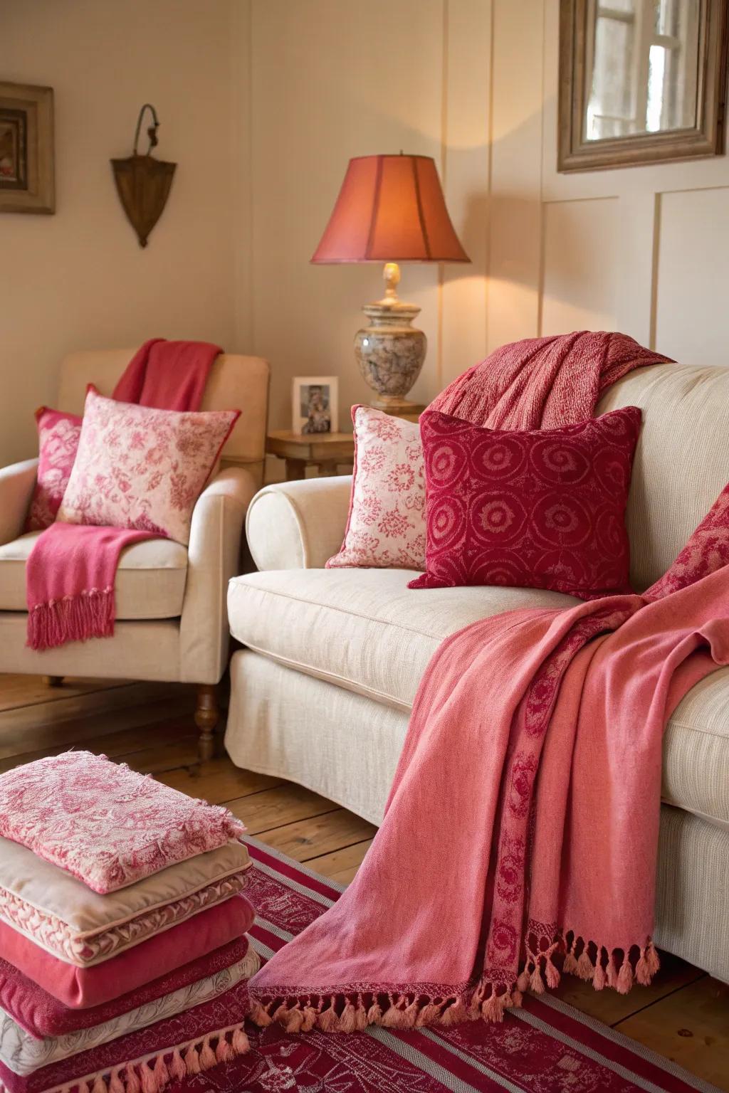 Living space featuring rose and soft red decorative aspects.