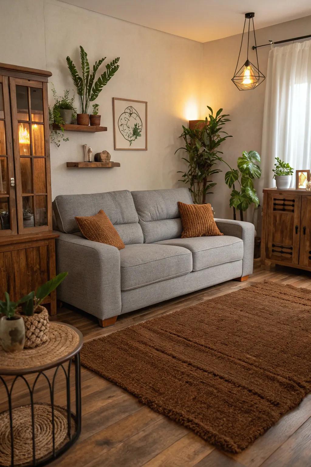 Chocolate brown rugs bring organic hues and coziness to your living room.