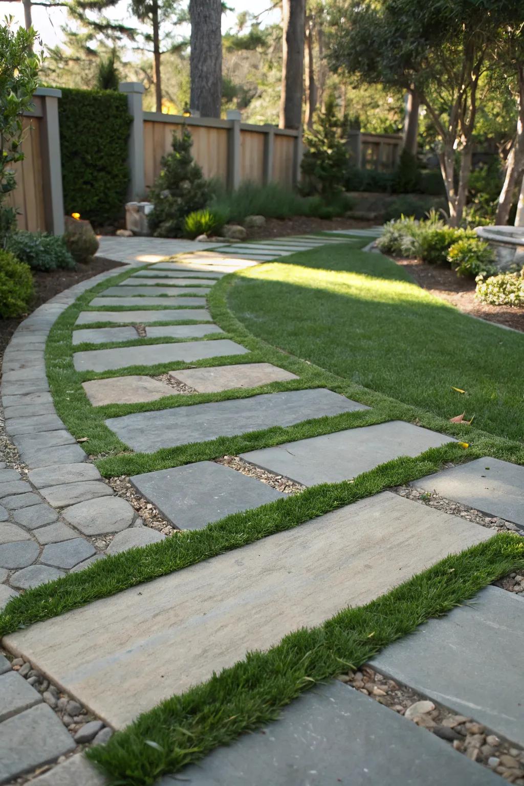 Artificial turf between pavers for a clean, low-maintenance pathway.