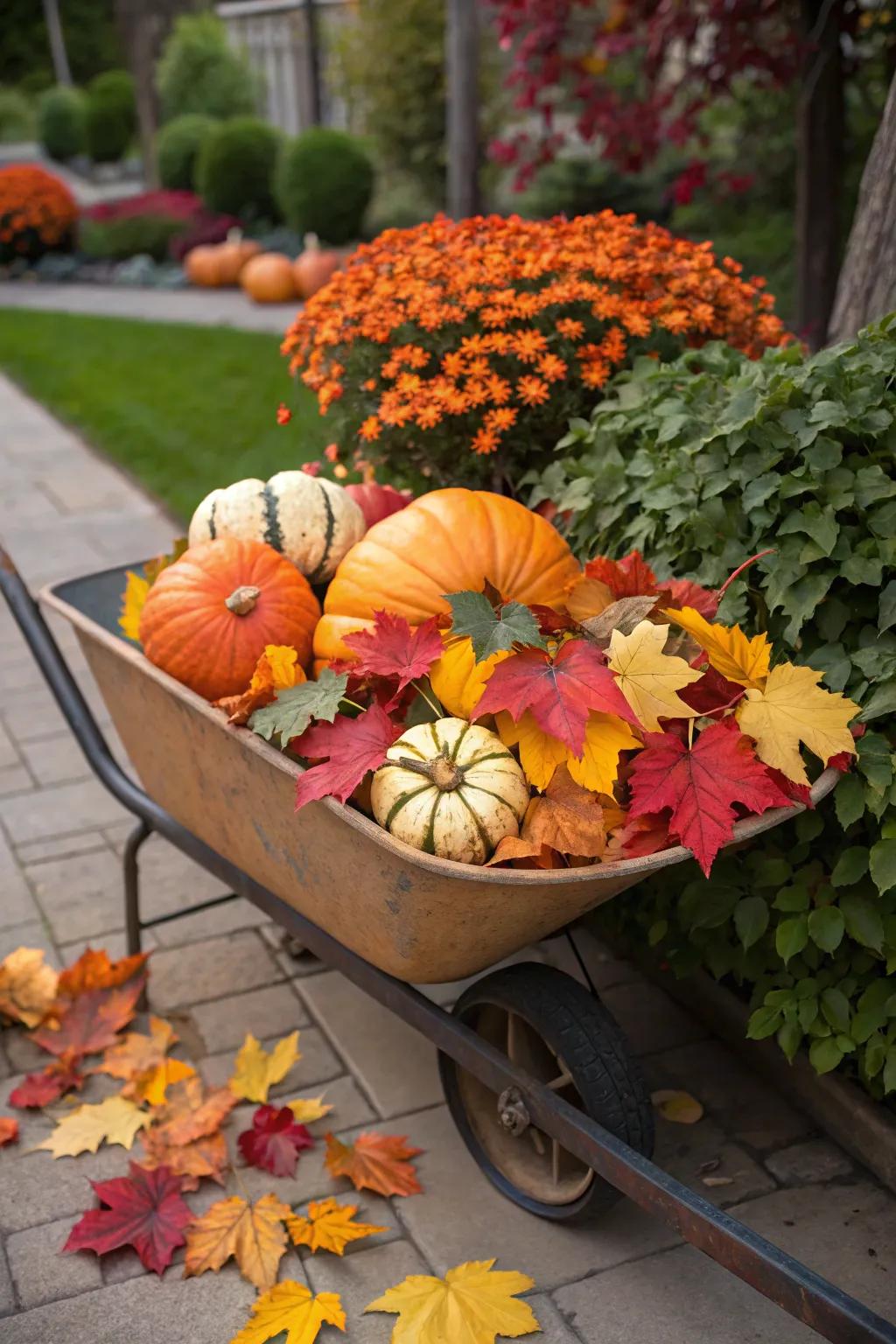 Welcome the seasons with a uniquely themed wheelbarrow display.