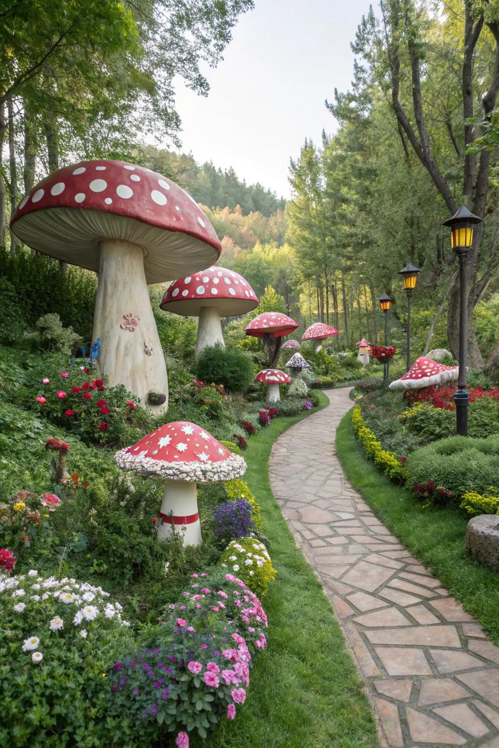 Fungi accents infuse a whimsical feeling to every green space.