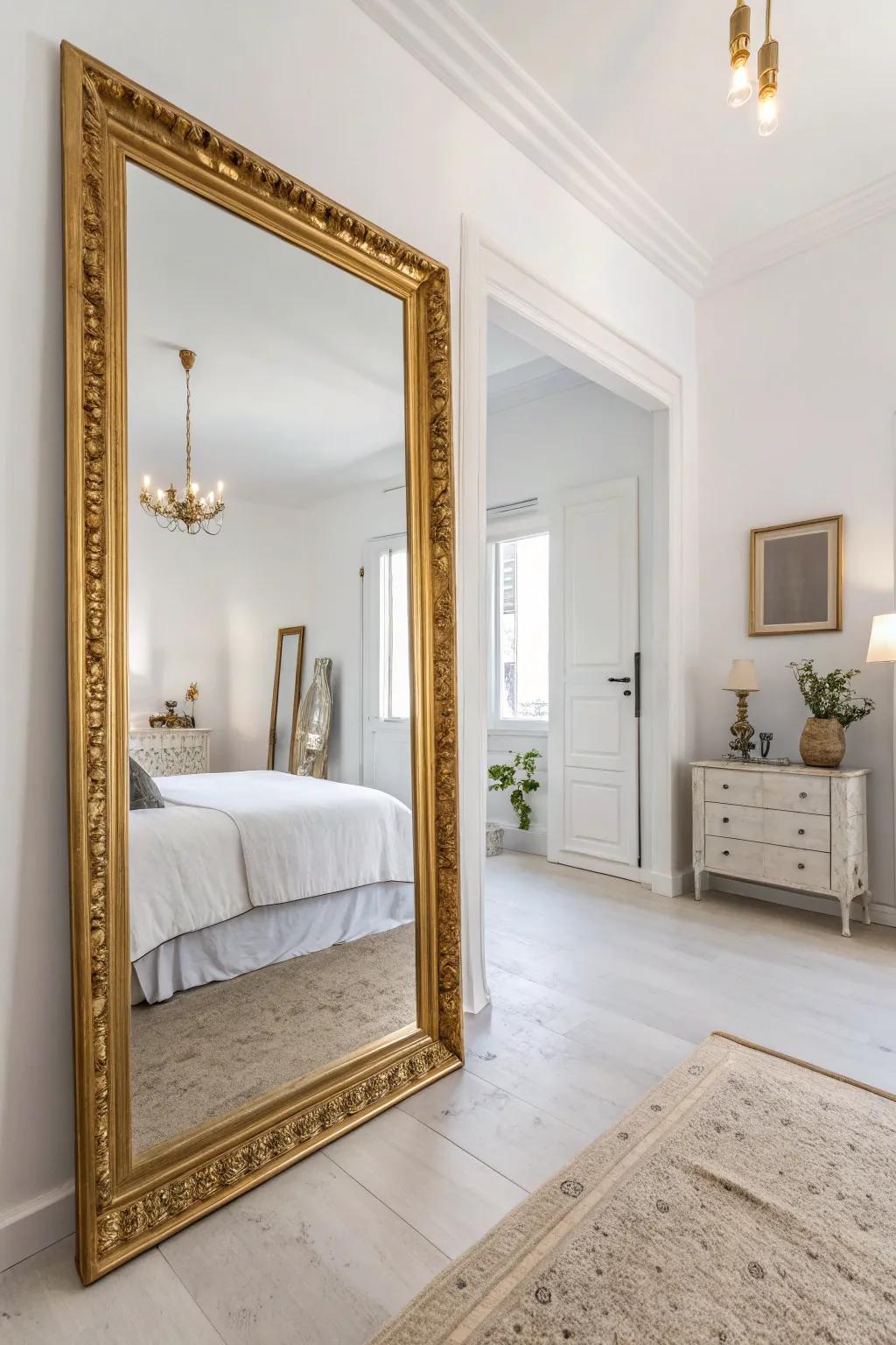 Mirrors framed in gold enhance the brightness and sense of space.