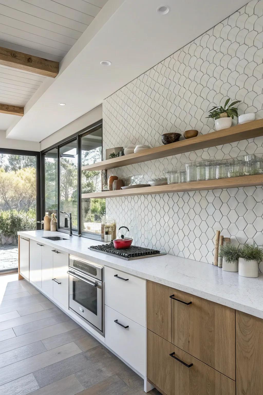 Layered white tiles create a 3D visual.