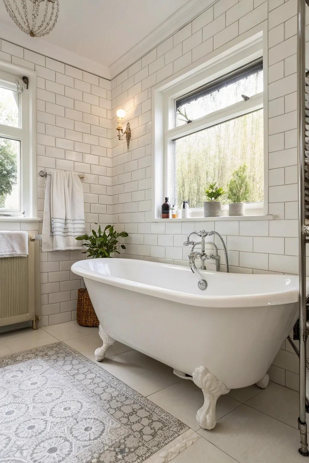 The stand-alone bath becomes a luxurious centerpiece in this white bathroom.