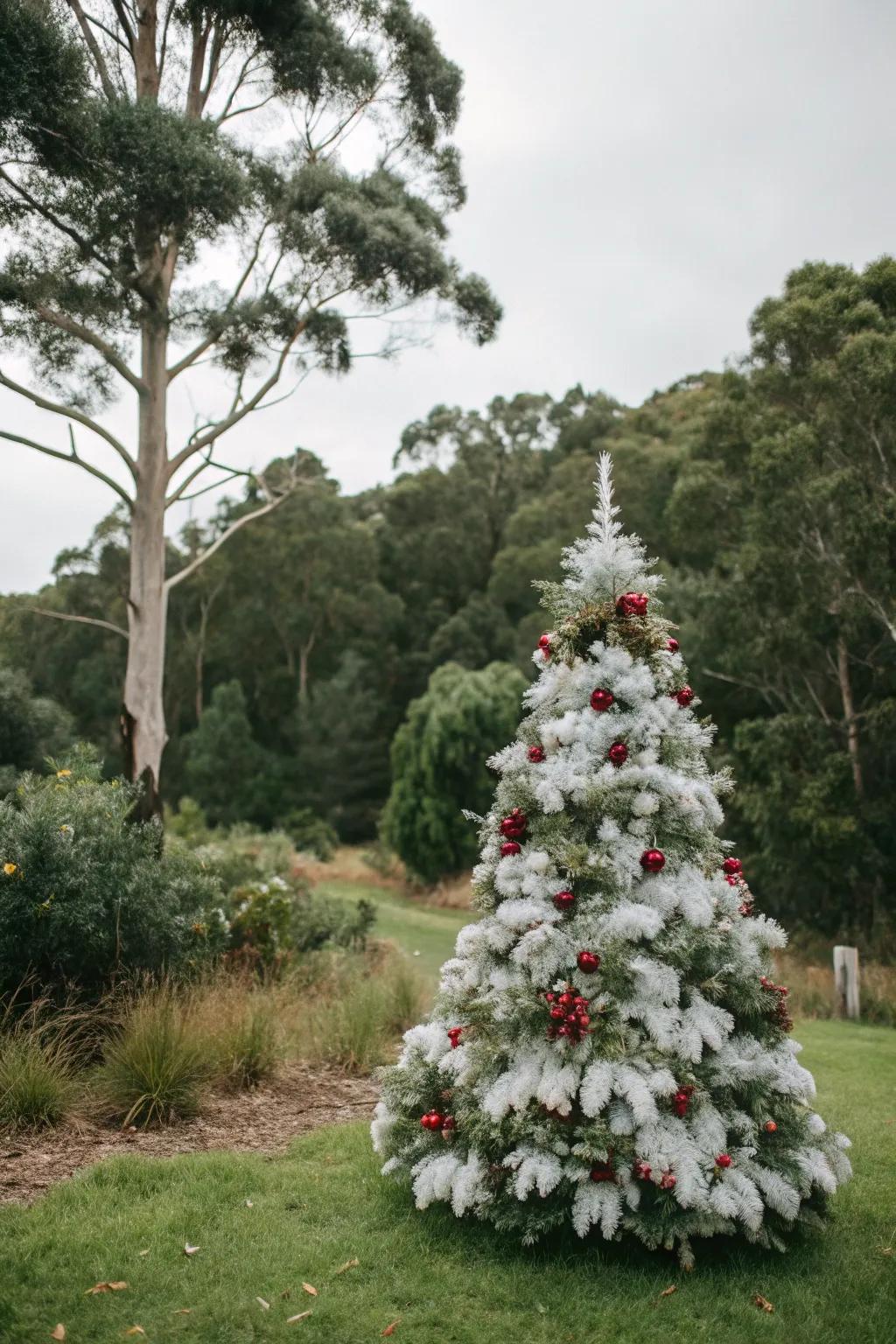 Botanical-inspired white Christmas tree featuring eucalyptus sprigs and holly.