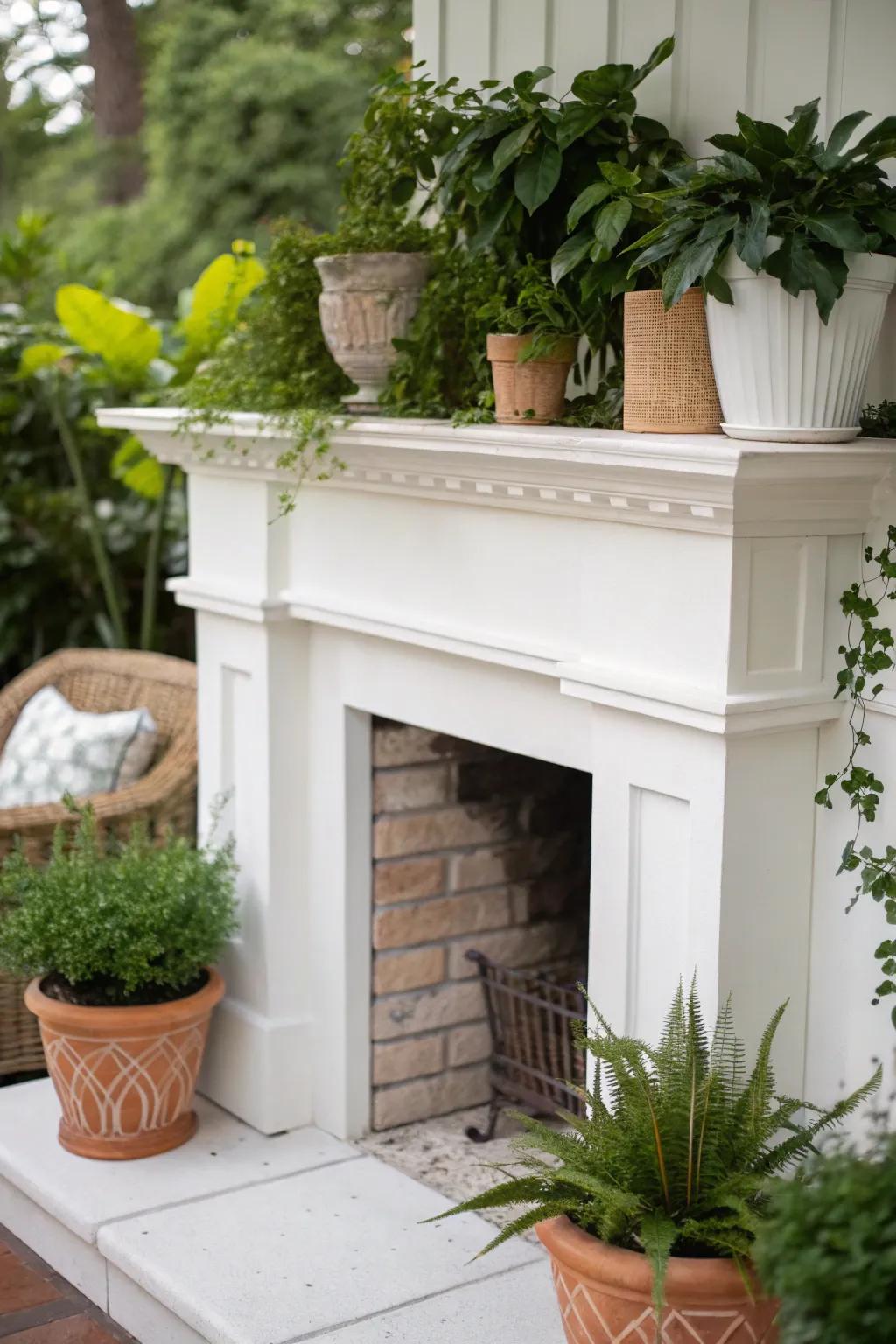 A white fireplace beautifully complemented by lush greenery.