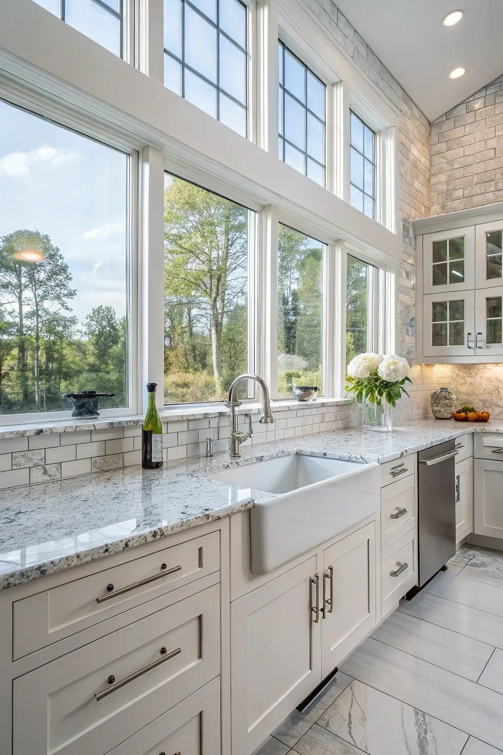 Crystal tiles provide a modern day angle to the traditional granite backsplash.