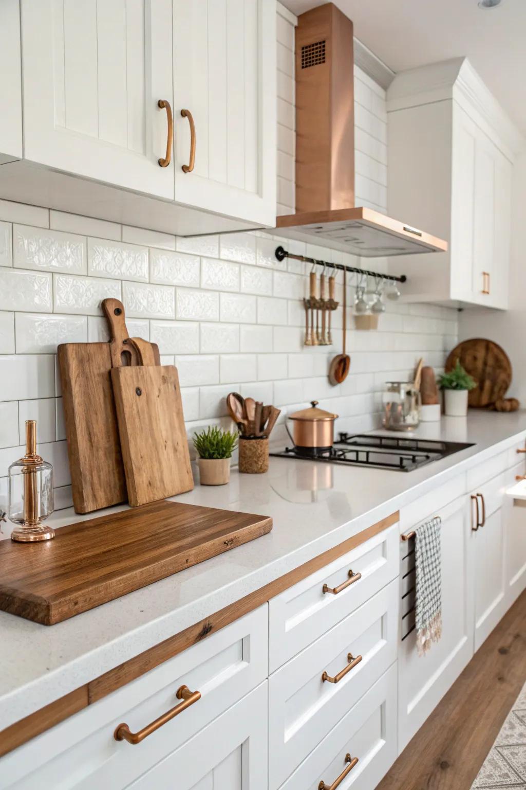 Warm russet adornments adding antique appeal to an ivory kitchen.