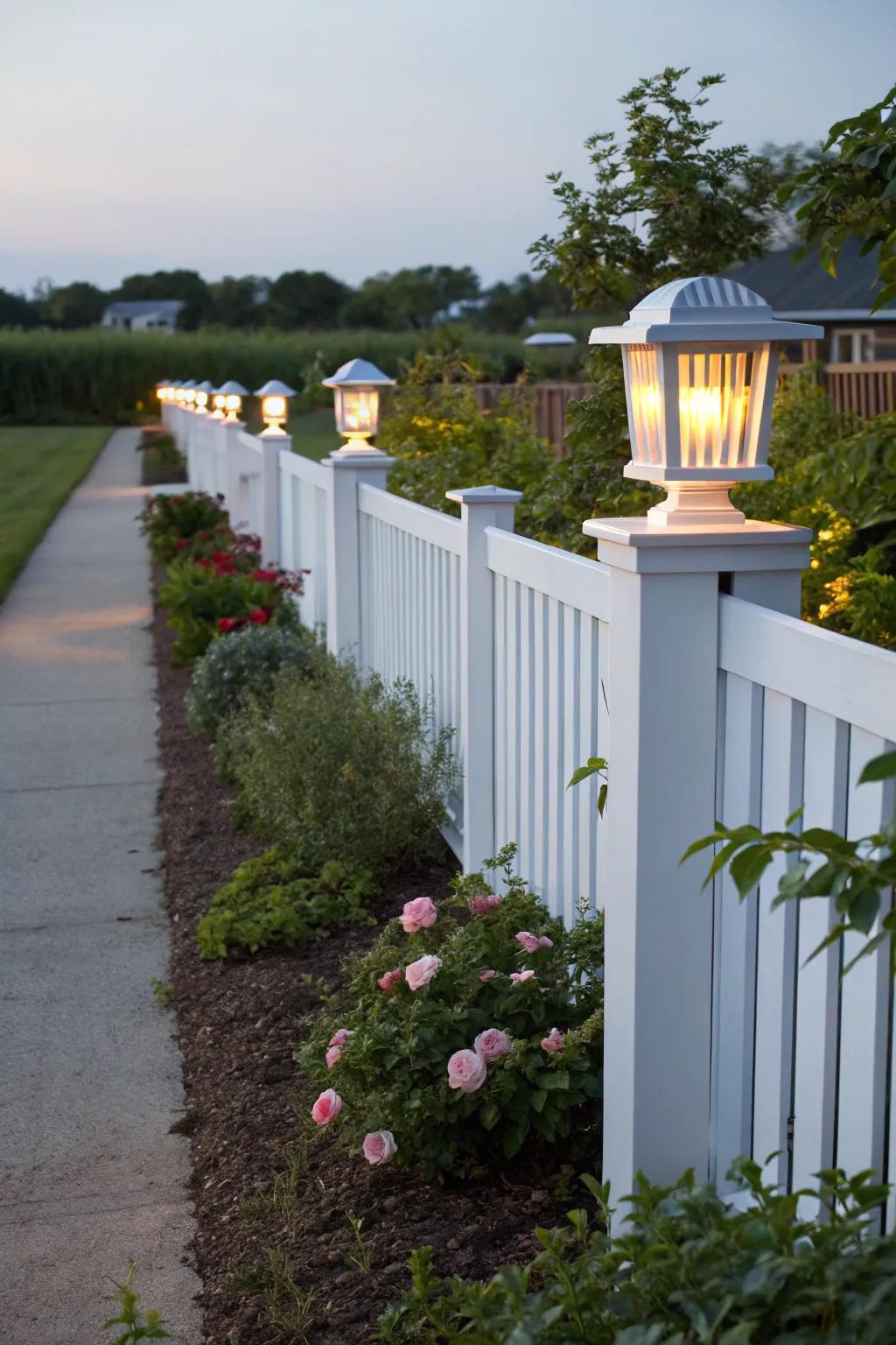 Decorative post caps add elegance and functionality to a white privacy fence.