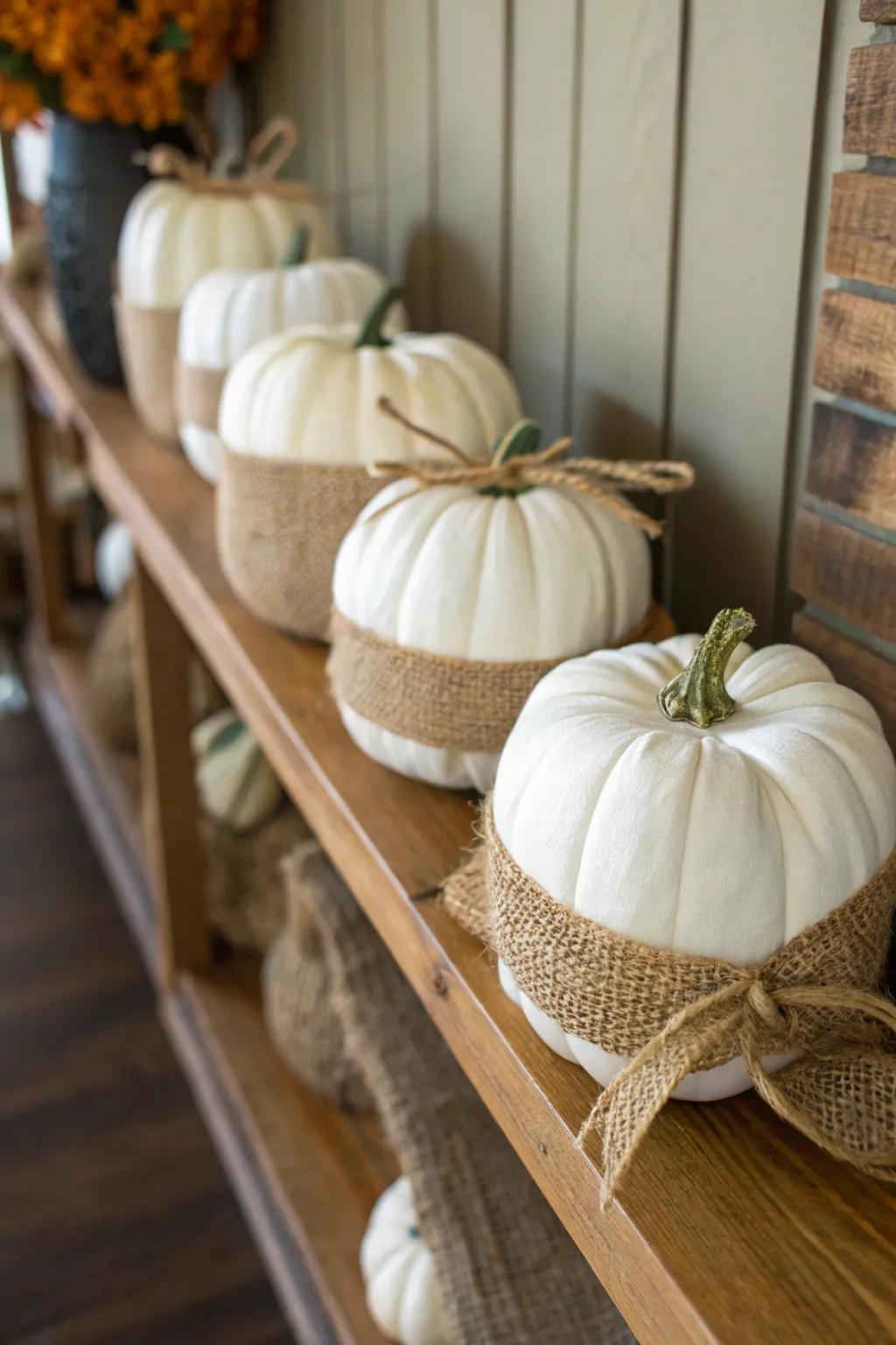 Fiber-wrapped pumpkins for a rustic charm.