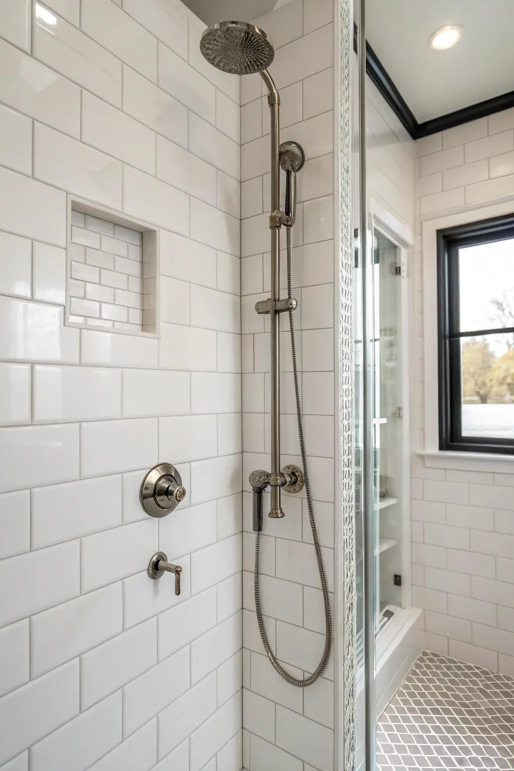 A single-color white shower accented with metallic hardware.