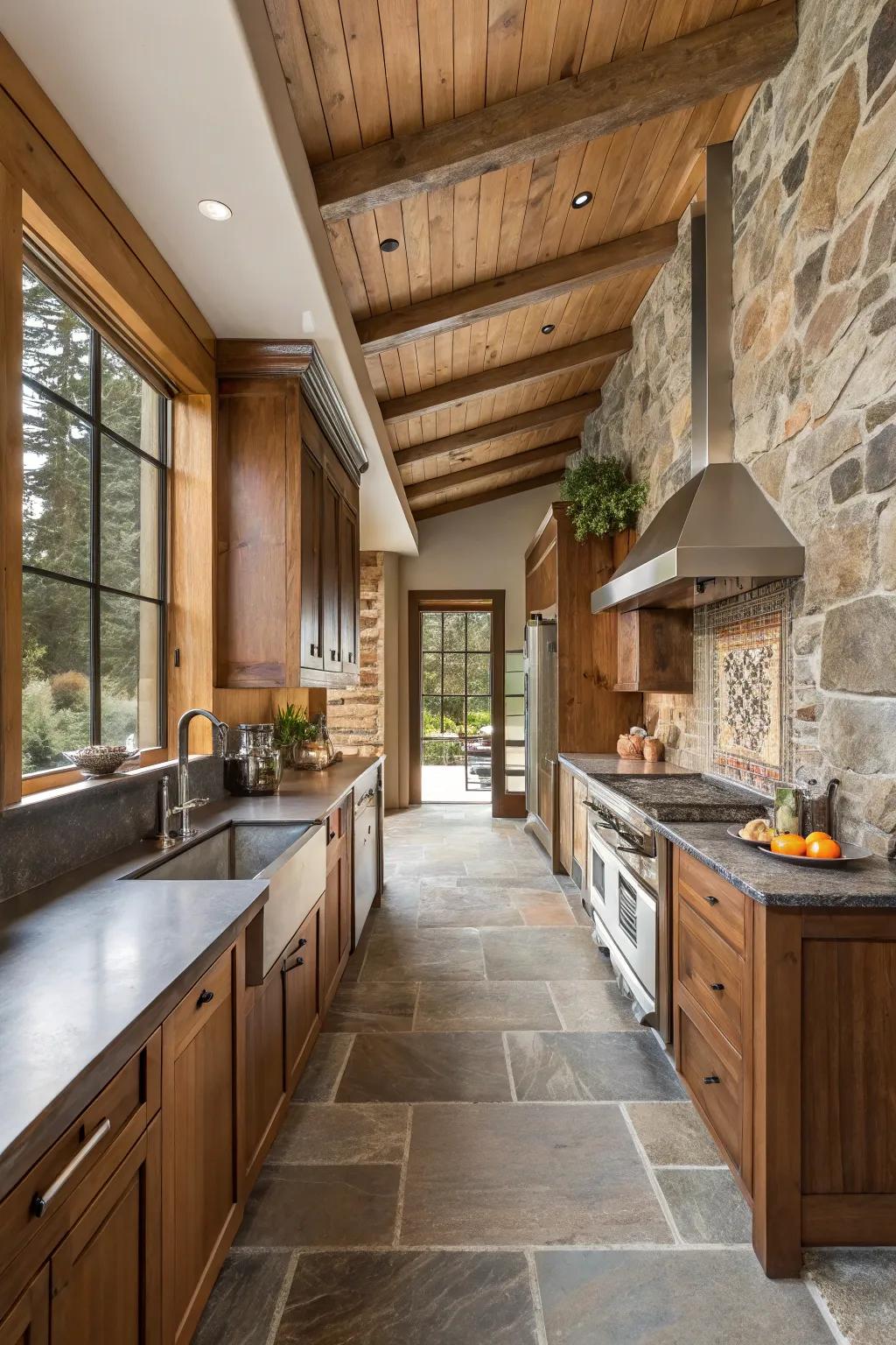 A fusion of textures enriching the depth of a wide galley kitchen.
