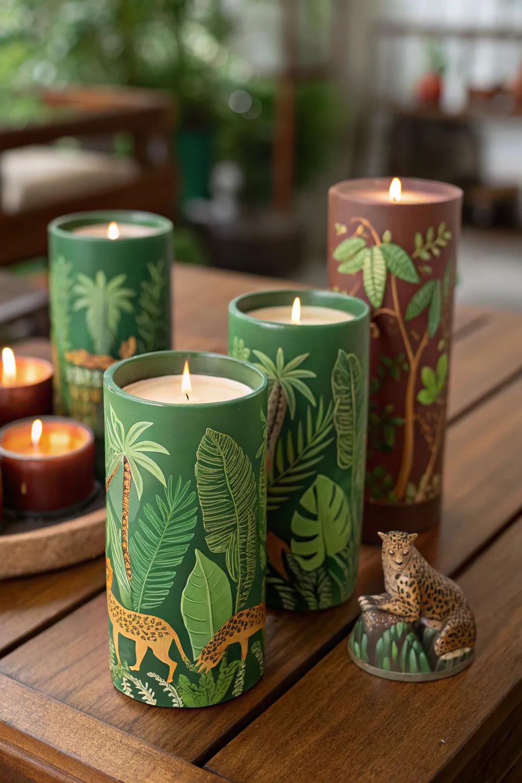 DIY jungle-inspired candles contribute a welcoming element to party gifts.