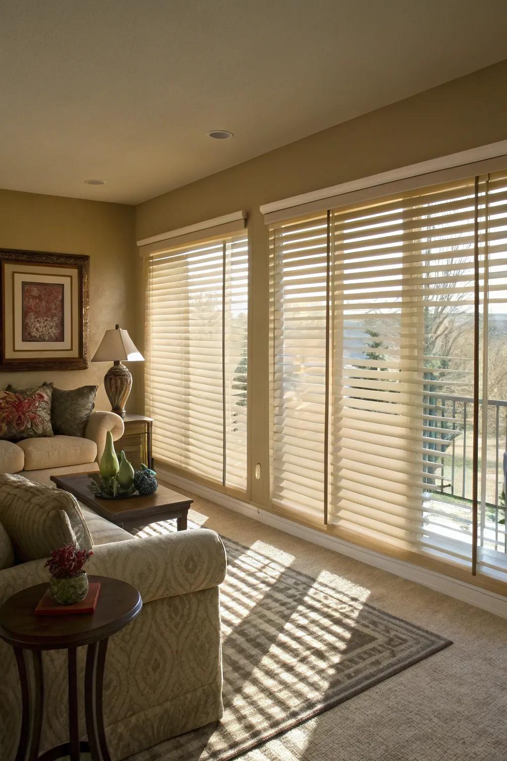 Slat coverings enhancing privacy and security in a modern living room.