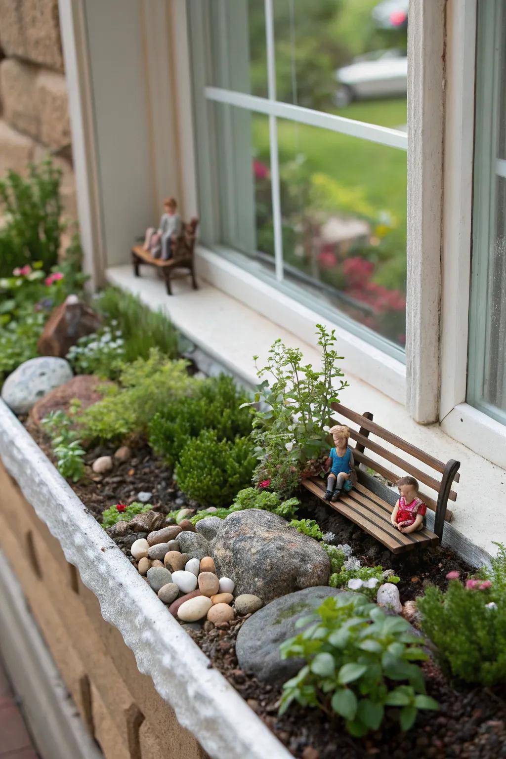 An imaginative small-scale garden display in a window box