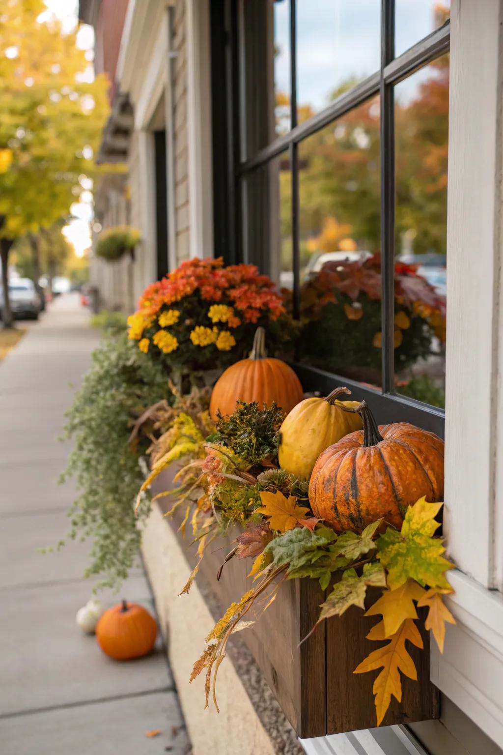 A window box adorned with gourds and pumpkins for fall.