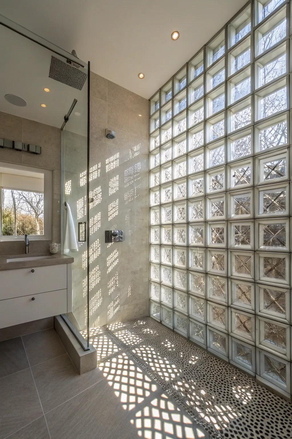 Glass blocks fashion a textured wall that permits light while assuring privacy.