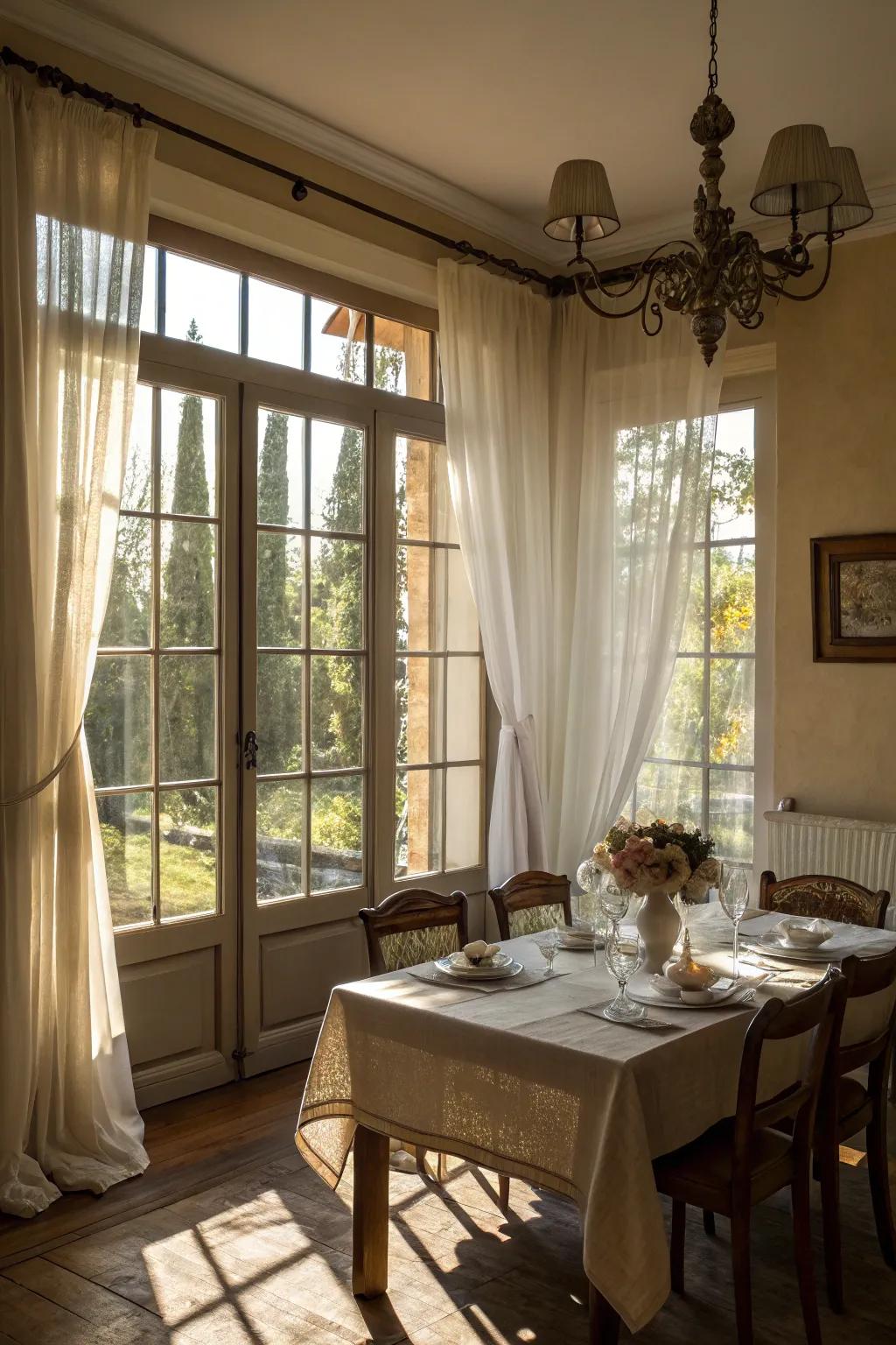 Sheer curtains provide privacy while allowing soft light to illuminate the room.