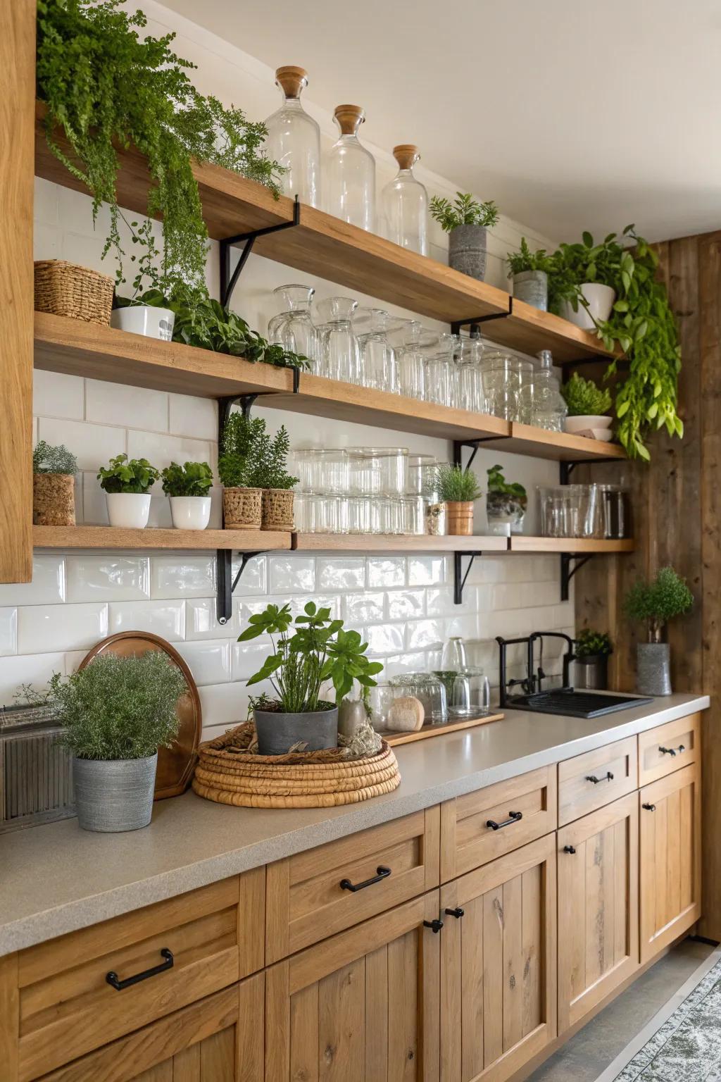 Open shelving adds depth and style to a windowless kitchen.