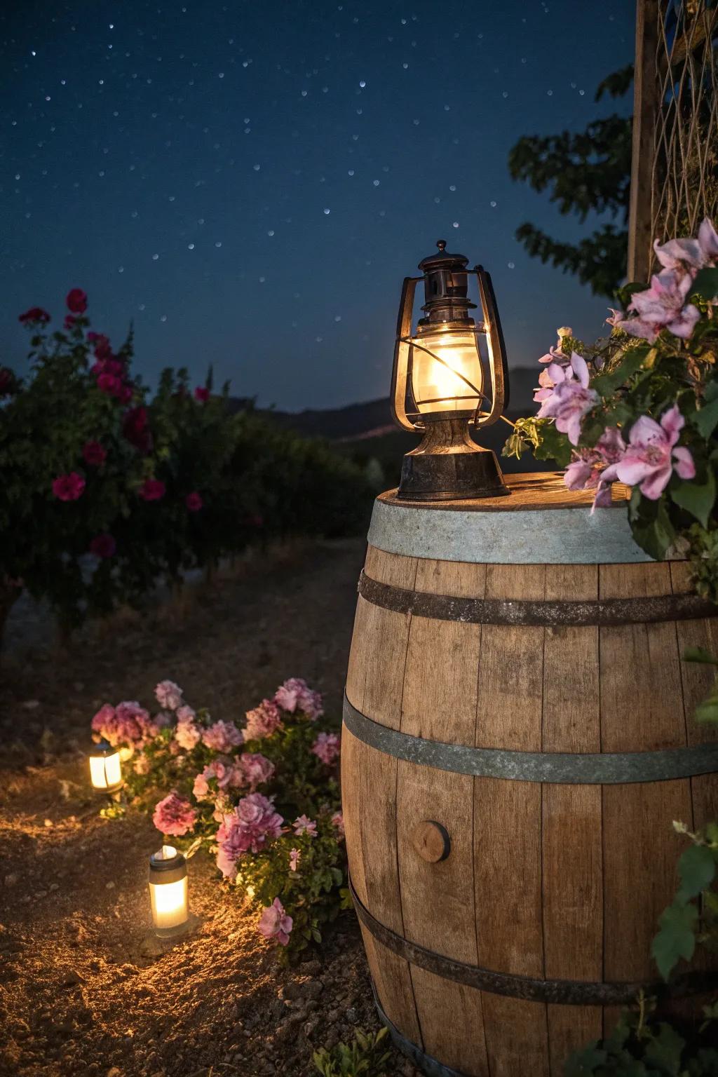 A wine cask and lantern create a magical garden ambiance.